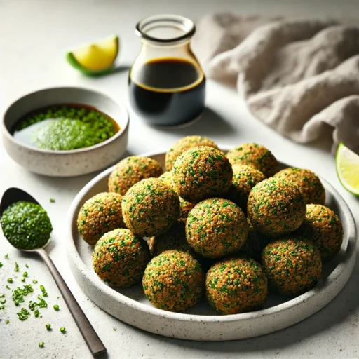 Bolinhas de Grão e Alga Nori com Molho de Soja e Limão