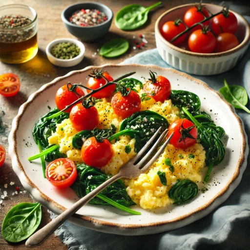 Ovos Mexidos com Espinafres e Tomate Cherry
