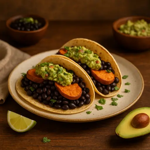Tacos de Batata-Doce com Feijão e Guacamole da Máquina Latino-Cósmica