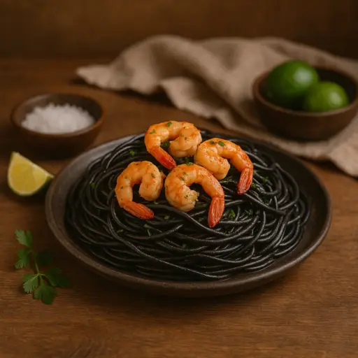 Esparguete Nero com Camarão e Lima