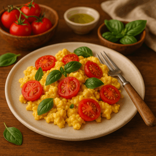 Ovos Mexidos com Tomate e Manjericão