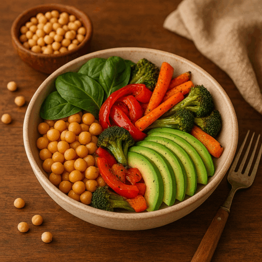 Tigela Colorida com Grão, Abacate e Legumes Assados