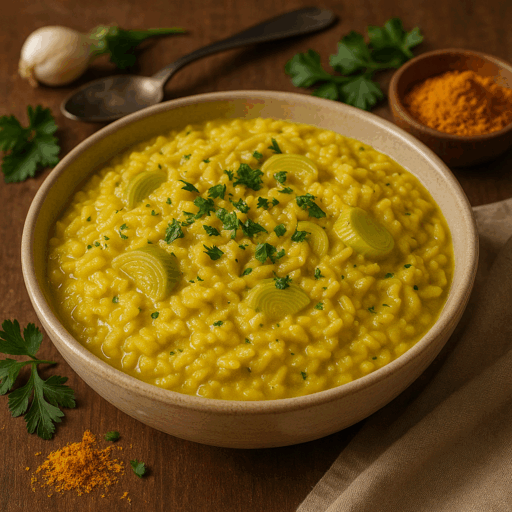 Arroz Cremoso de Alho-Francês e Curcuma
