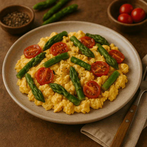 Ovos Mexidos com Espargos e Tomate-Cereja