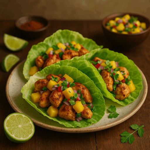 Tacos de Couve-Lombarda com Frango Picante e Manga