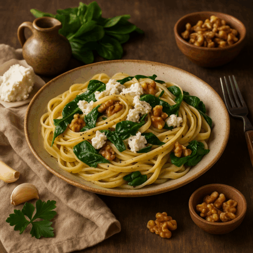 Tagliatelle com Requeijão, Nozes e Espinafres