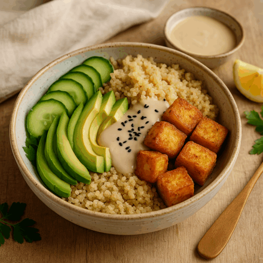 Bowl de Quinoa com Tofu Crocante e Molho Tahini