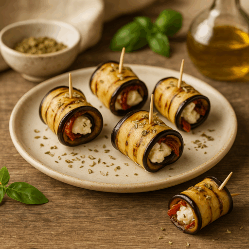 Rolinhos de Beringela com Queijo e Tomate Seco