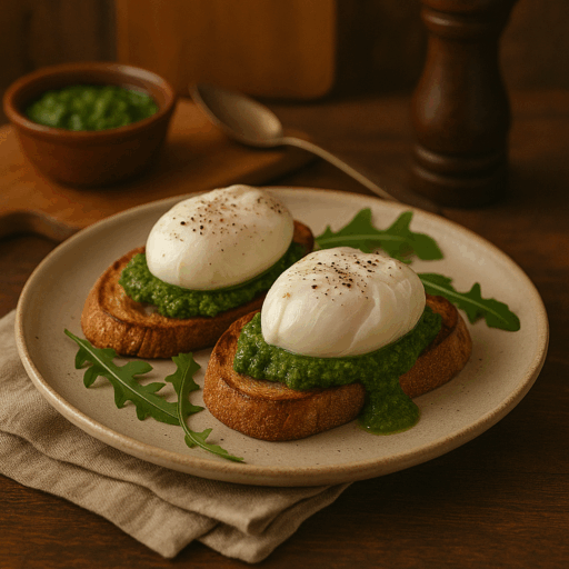 Ovos Escalfados com Pesto e Pão Estaladiço