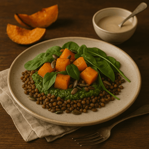 Salada de Lentilhas com Abóbora Assada e Molho de Tahini
