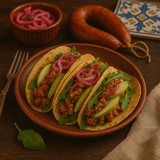 Tacos de Alheira com Maçã Verde e Picles de Cebola Roxa
