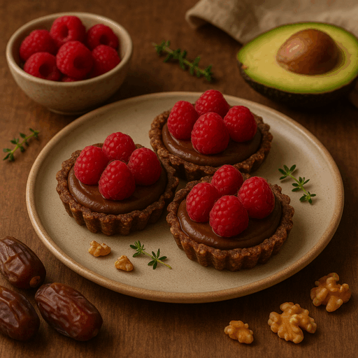 Tarteletes de Cacau e Abacate com Framboesas