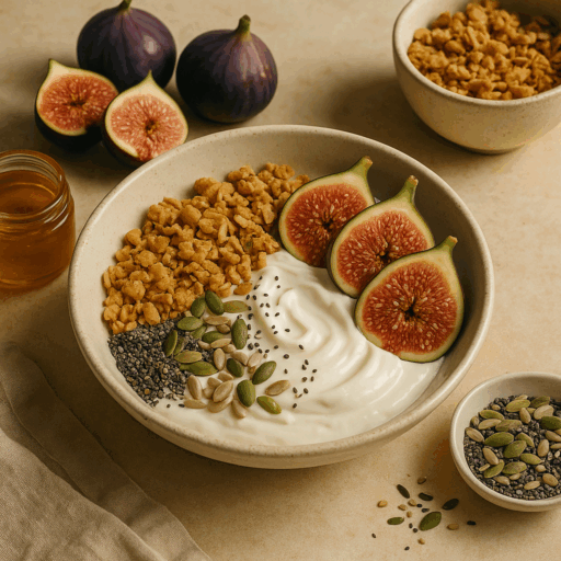 Tigela de Iogurte Grego com Figos, Granola e Sementes