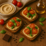 Tostas de Hummus com Tomate-Cereja e Manjericão