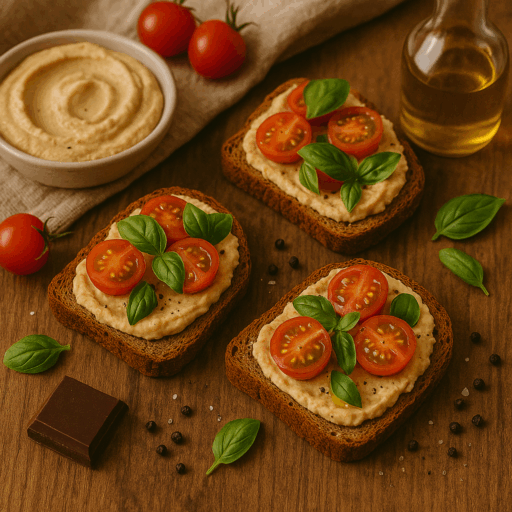 Tostas de Hummus com Tomate-Cereja e Manjericão