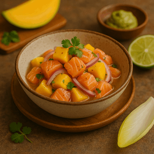 Ceviche de Salmão com Manga e Wasabi