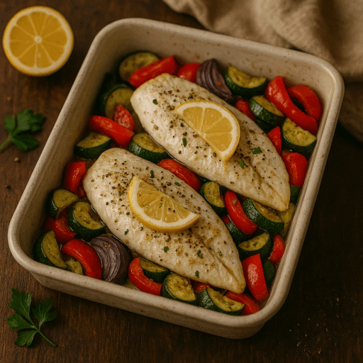 Filetes de Pescada no Forno com Legumes Coloridos