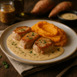 Lombinhos de Porco com Molho de Mostarda e Puré de Batata-Doce