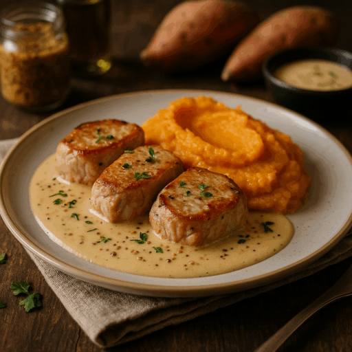 Lombinhos de Porco com Molho de Mostarda e Puré de Batata-Doce