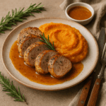 Lombinhos de Porco com Puré de Batata-Doce e Molho de Mostarda e Mel