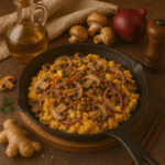 Ovos Mexidos com Cogumelos e Cebola Roxa