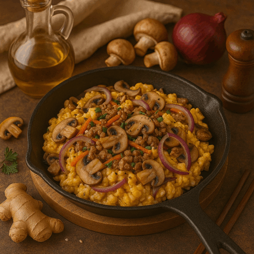 Ovos Mexidos com Cogumelos e Cebola Roxa