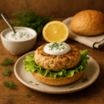 Hambúrguer de Salmão com Molho de Iogurte e Endro